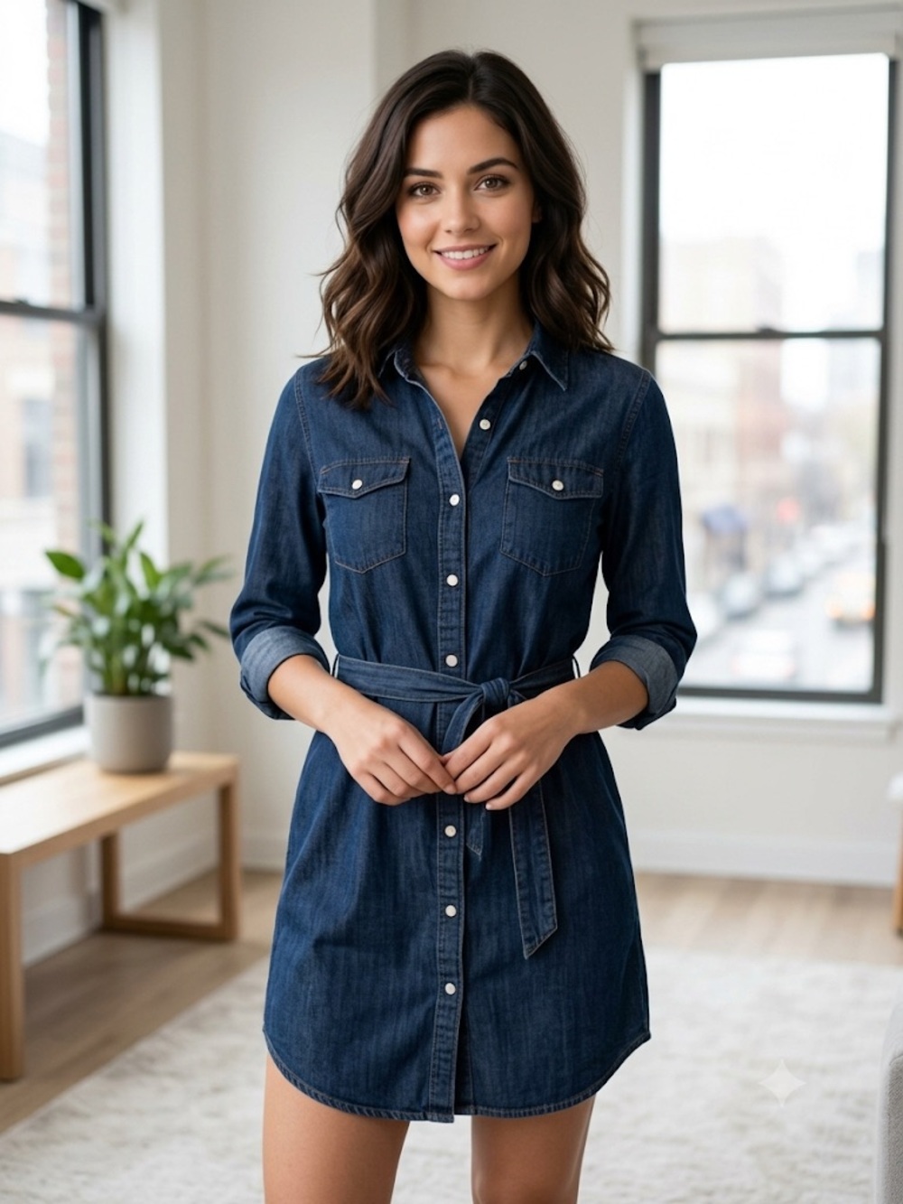 Universal Thread Dark Blue Denim Shirt Dress with Tie Waist